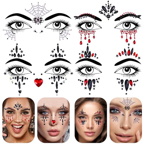 GEEHUA 4 Bögen Halloween Gesichtssteine ​​zum Aufkleben, selbstklebende Gesichtsjuwelen mit Strasssteinen Aufkleber Augen Körper temporäre Tattoos für Halloween Festivals Karnevalspartys von GEEHUA