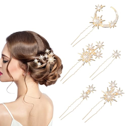GEEHUA 5 Stück Haarspangen mit Strasssteinen, Stern und Mond, funkelnde Kristalle, Braut Haarteile, Stern Mond Hochzeit Haarspangen Zubehör Kopfschmuck für Frauen und Mädchen(Gold) von GEEHUA