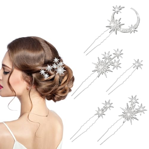 GEEHUA 5 Stück Haarspangen mit Strasssteinen, Stern und Mond, funkelnde Kristalle, Braut Haarteile, Stern Mond Hochzeit Haarspangen Zubehör Kopfschmuck für Frauen und Mädchen(Silber) von GEEHUA