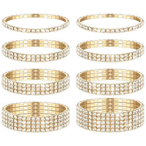GEEHUA 8 Stück Glitzer Armband Damen, 16–20 cm Umfang Strass Armreifen Set stapelbare Strass Stretch Armreif Kristall Silber funkelndes Braut Armband Set Hochzeits für Frauen Bräute Party(Gold) von GEEHUA