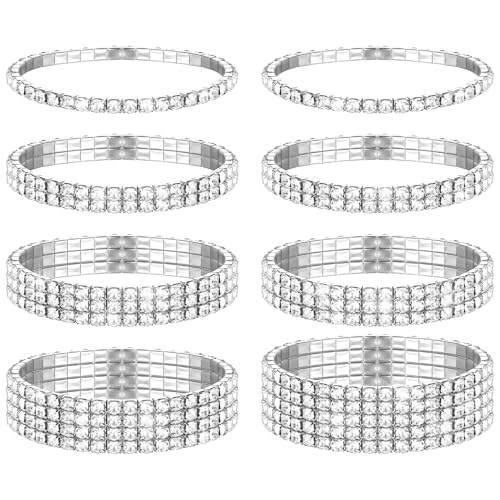GEEHUA 8 teiliges Strass Armband Set, 16–20 cm Umfang Stapelbare Strass Stretch Armreif Kristall Silber Funkelndes Braut Armband Tennis Armband Set für Frauen Bräute (silber) von GEEHUA