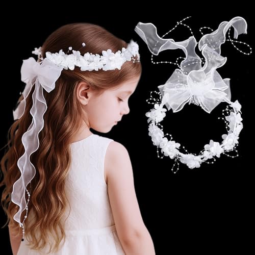 GEEHUA Haarschmuck Kommunion Mädchen, Blumen Stirnband Schleier, Weiße Blume Erstkommunion Schleier Kopfschmuck Mit Perlen Haarschmuck Kommunion Für Frauen Mädchen Hochzeit von GEEHUA