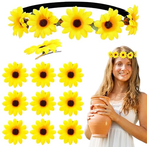 GEEHUA Sonnenblumen Haarschmuck mit 10 Stück Blumen Haarspangen, Elastisch Blumen Stirnband Haarband Gelb Haarreif Blumenkranz Sonnenblumen Haarclip Haarnadeln für Karneval Halloween Hochzeit Party von GEEHUA