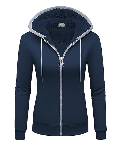 GEEK LIGHTING Hoodie Damen Zipper Jacke mit Kapuze Kapuzensweatshirt Winter Casaul Fleecejacke Sweatshirt Streifen Winter Pullover Sport Teddyfell Jacke Damen Jacke Casual Navy blau XL von GEEK LIGHTING