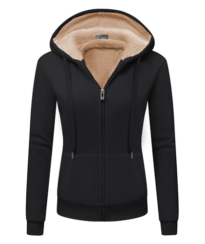 GEEK LIGHTING Damen Kapuzenpullover mit Reißverschluss Gefüttert Kapuzensweatshirt Gefüttert Winter Sweatjacke mit Kapuze Herbst Basic Kapuzenjacke Fleecefutter L Schwarz von GEEK LIGHTING