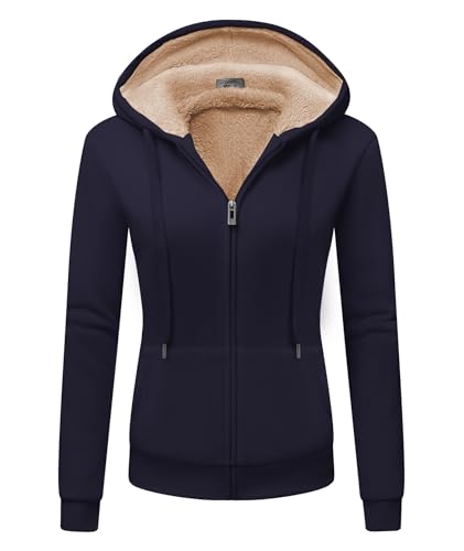 GEEK LIGHTING Damen Kapuzenjacke Teddyfutter Winterjacke Mode Warm Hoodie Kapuzenpullover Jacken Reißverschluss Plüschjacke Winter Fleecejacke Outdoor L Navy blau von GEEK LIGHTING