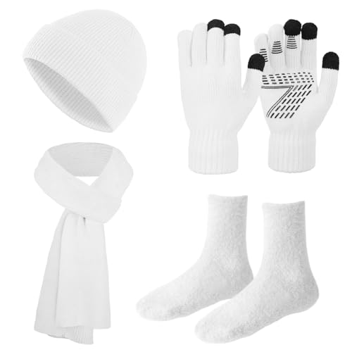 Mütze, Schal & Handschuh-Sets für Damen mit Kuschelsocken Wichtelgeschenke für Frauen, Winter Beanie Mütze Schal Set Damen mit Touchscreen Handschuhe Geschenke für Frauen Teenager Mädchen von GEEKEO
