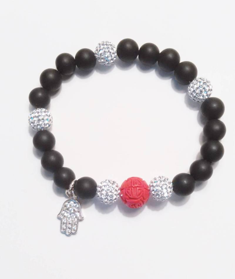 Hamsa Charm Stretch Armband - Onyx Und Swarovski von GEGEDE