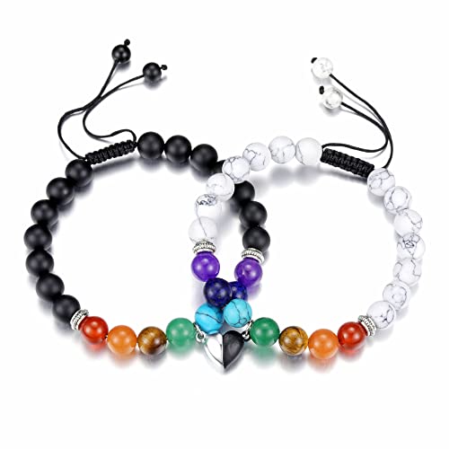 GEHECRST 1 Paare 7 Chakra Armband Paar Armbänder Partnerarmbänder mit Magnet Herz Anhänger Yoga Armband Healing Reiki Energietherapie Glückbringen Edelstein Freund Freundin Valentinstag von GEHECRST