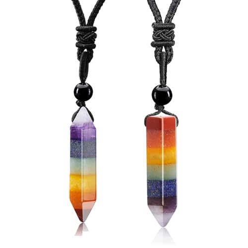 GEHECRST 2 Stück Chakra Heilsteine Kette Hexagon Säulen Anhänger Halskette mit Einstellbar Geflochtenes Seil Kristall Halskette Glückskette für Chakra Yoga,Reiki Heilung und Meditation von GEHECRST