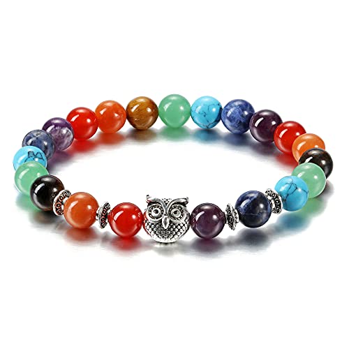 GEHECRST 7 Chakra Armband für Damen und Herren - Naturstein Mit Eule Muster, Yoga, Obsidian Amethyst, Healing Reiki - 8 mm Perlen (7 Chakra) von GEHECRST