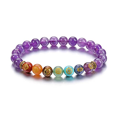 GEHECRST 7 Chakra Edelstein Armband Mit Runen, Natürliche Steine Yoga Healing Reiki Energietherapie Glückbringen für Damen Herren (Amethyst) von GEHECRST