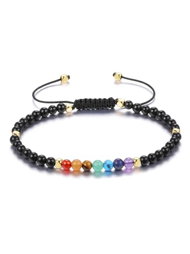 GEHECRST 7 Chakra Armband Heilsteine Armband Chakra Steine Armbänder Obsidian Perlenarmband Yoga Energietherapie Reiki Heilung Glücksarmband Schmuck für Damen Herren von GEHECRST