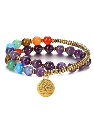 GEHECRST 7 Chakra Armband Heilsteine Armband Damen Perlenarmband mit Lebensbaum Anhänger Doppellagiges Perlenarmband Yoga Armbänder Glücksarmband Healing Reiki Energietherapie Glückbringen Talisman von GEHECRST