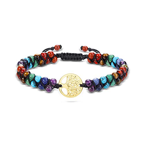 GEHECRST 7 Chakra Armband lebensbaum Edelstein Armbänder Natürliche Chakra Steine Yoga Armband Healing Reiki Energietherapie Glückbringen Edelstein für Damen Herren von GEHECRST