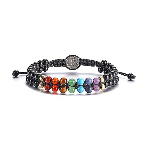 GEHECRST 7 Chakra Armband lebensbaum Edelstein Armbänder Perlenarmband Yoga Armband Doppelschicht geflochten Armreif Healing Reiki Energietherapie Glückbringen Edelstein (Obsidian) von GEHECRST