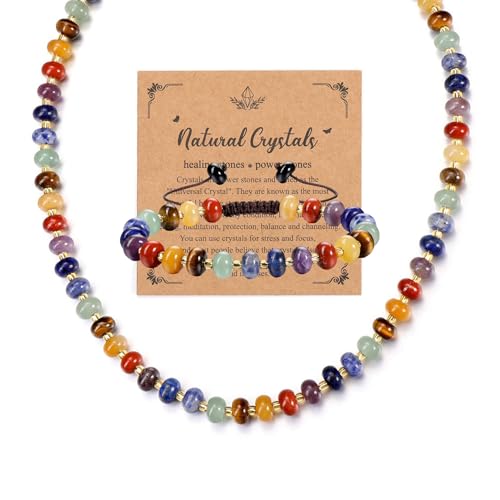 GEHECRST 7 Chakra Heilsteine Kette mit Chakra Armband Set Natürliche Edelstein Halskette Yoga Armband Healing Reiki Energietherapie Glückbringen Edelstein für Damen Herren (Stil 2) von GEHECRST