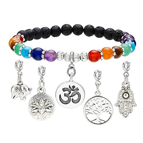 GEHECRST 7 Chakra Lavastein Armband Mit Lebensbaum, Hamsa Hand, OM, Elefant, Lotus Anhänger - Yoga Healing Reiki Energietherapie Glückbringen von GEHECRST