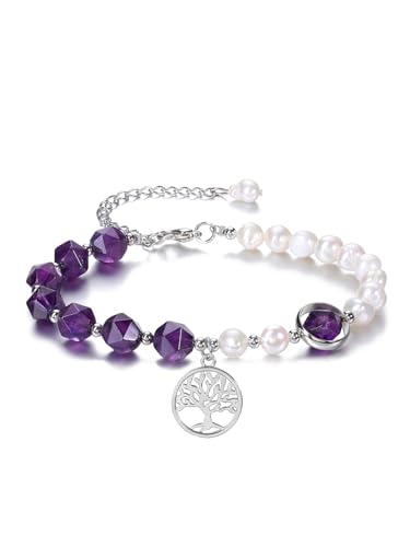GEHECRST Amethyst Perlenarmband Lebensbaum Edelstein Yoga Energietherapie Glückbringen Einstellbar für Damen Herren (Amethyst) von GEHECRST