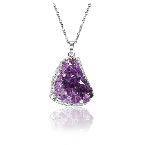 GEHECRST Damen Amethyst Druse Halskette Kristall Kette Natürliche Kristallcluster Anhänger mit Kette Heilsteine Anhänger Glücksbringer Schmuck für Frauen Mädchen von GEHECRST