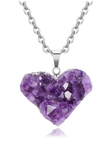 GEHECRST Damen Amethyst Druse Halskette mit Amethyst Herz Anhänger Kristall Kette Natürliche Kristallcluster Anhänger Heilsteine Anhänger Glücksbringer Schmuck für Frauen Mädchen von GEHECRST