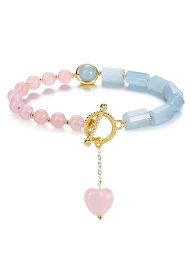 GEHECRST Damen Edelstein Armband Perlenarmband Rosenquarz Aquamarine Armband mit OT Verschluss Heilsteine Armbänder Glücksarmband Healing Reiki Energietherapie Glückbringen Talisman von GEHECRST