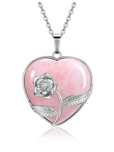 GEHECRST Damen Halskette Edelstein Silber Rose Wrap Herz Anhänger mit Kette Liebe Amulett Segen Schmuck Reiki Steine Halsschmuck (Rosenquarz) von GEHECRST
