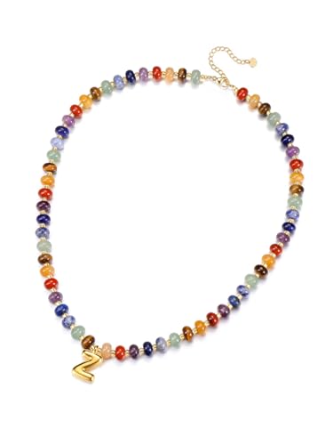GEHECRST Damen Perlenkette mit Buchstaben Kette A-Z Chakra Heilsteine Halskette Echte Steine Perlenkette Amulett Kette Glücksbringer Personalisierte Geschenke für Frauen Mädchen (7 Chakra) von GEHECRST
