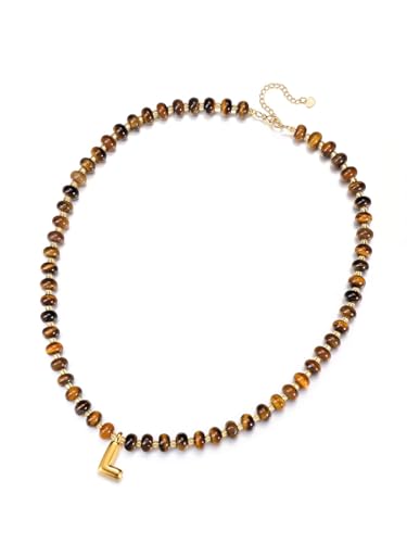 GEHECRST Damen Perlenkette mit Buchstaben Kette A-Z Chakra Heilsteine Halskette Echte Steine Perlenkette Amulett Kette Glücksbringer Personalisierte Geschenke für Frauen Mädchen (Gelb Tigerauge) von GEHECRST