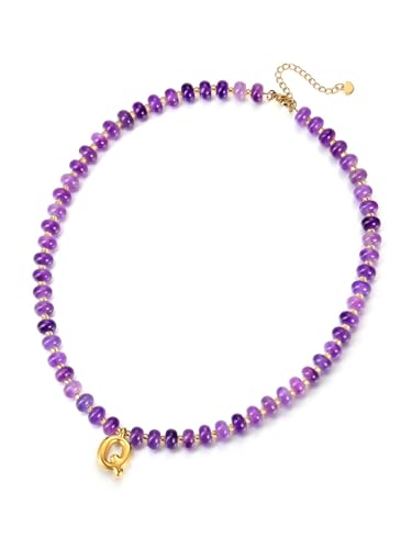 GEHECRST Damen Perlenkette mit Buchstaben Kette A-Z Chakra Heilsteine Halskette Echte Steine Perlenkette Amulett Kette Glücksbringer Personalisierte Geschenke für Frauen Mädchen (Lila Jade) von GEHECRST