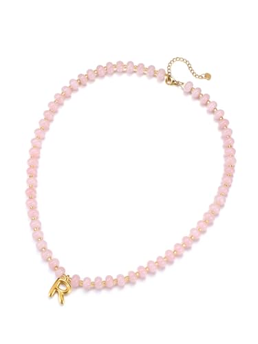 GEHECRST Damen Perlenkette mit Buchstaben Kette A-Z Chakra Heilsteine Halskette Echte Steine Perlenkette Amulett Kette Glücksbringer Personalisierte Geschenke für Frauen Mädchen (Rosenquarz) von GEHECRST