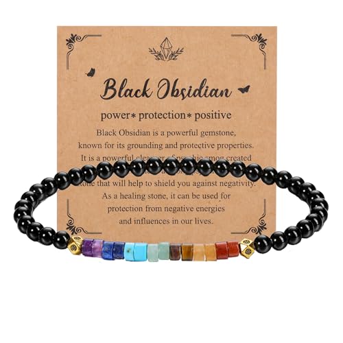 GEHECRST Edelstein 7 Chakra Armband Damen Heilsteine Armband Obsidian Armbänder Yoga Energietherapie Reiki Heilung Glücksarmband Schmuck für Damen Herren von GEHECRST
