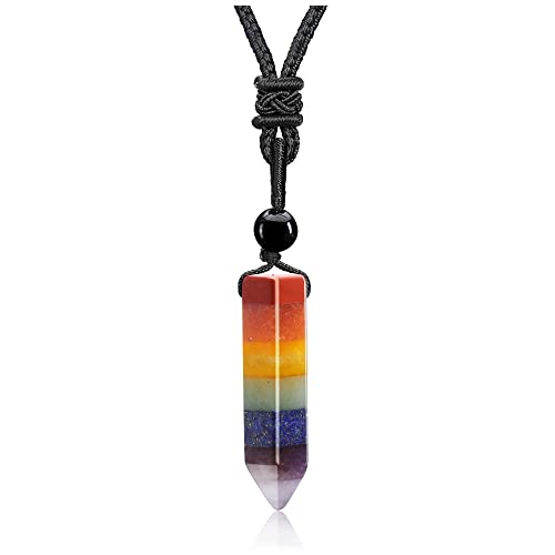 GEHECRST Edelstein 7 Chakra Heilsteine Kette Heilstein Halskette Hexagon Anhänger Halskette mit Einstellbar Geflochtenes Seil Kristall Halskette Glückskette für Damen und Herren (7 Chakra) von GEHECRST