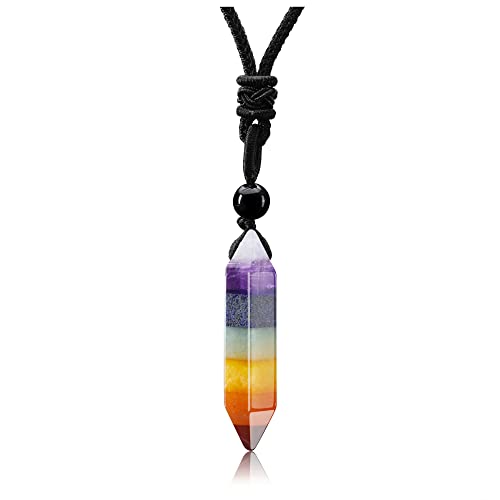 GEHECRST Edelstein 7 Chakra Heilsteine Kette Hexagon Säulen Anhänger Halskette für Herren und Damen, Kristall Halskette Amulett für Chakra Yoga,Reiki Heilung und Meditation (7 Chakra) von GEHECRST