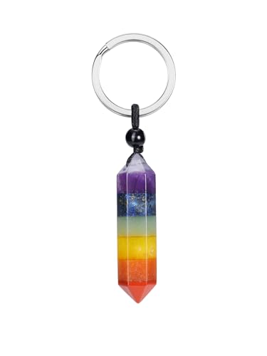GEHECRST Edelstein 7 Chakra Schlüsselanhänger Hexagon Säulen Anhänger mit Schlüsselring Keychain Reiki Edelstein Healing Glücksbringer Amullet Schmuck von GEHECRST