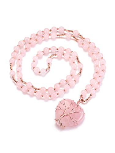 GEHECRST Edelstein Damen Halskette Gold Lebensbaum Wire Wrap Herz Anhänger mit Kette Liebe Amulett Segen Schmuck Heilung Halskette (Rosenquarz) von GEHECRST