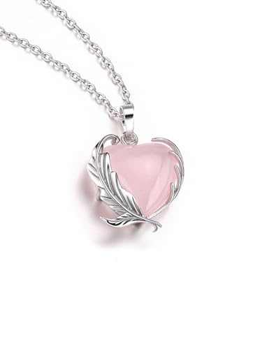 GEHECRST Edelstein Damen Halskette Kristall Kette Silber Flügel Wrap Rosenquarz Herz Anhänger mit Kette Liebe Amulett Segen Schmuck Herzförmige Amulett von GEHECRST