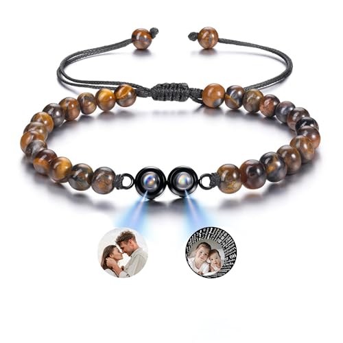 GEHECRST Personalisiertes Armband mit Foto Bild Projektion Armband Perlenarmband Damen Herren Armbänder Fotoarmband Personalisierte Geschenke für Männer Frauen Geburtstag (Tigerauge) von GEHECRST