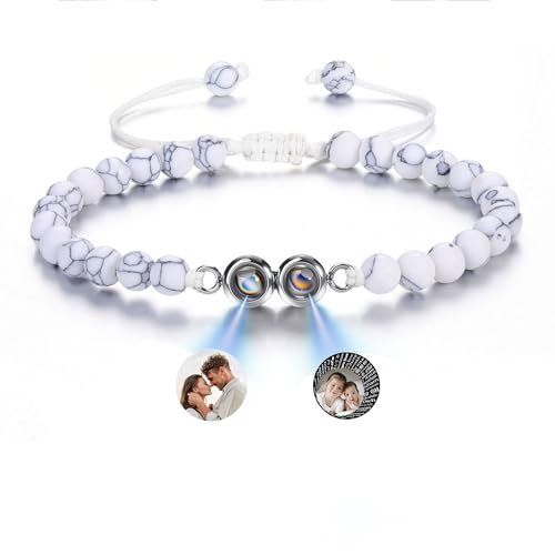 GEHECRST Personalisiertes Armband mit Foto Bild Projektion Armband Perlenarmband Damen Herren Armbänder Fotoarmband Personalisierte Geschenke für Männer Frauen Geburtstag (Weißes Türkis) von GEHECRST