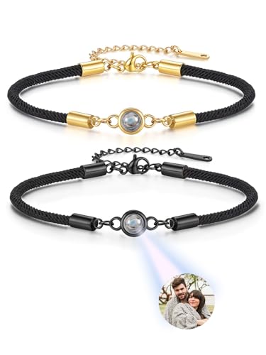 GEHECRST Personalisiertes Projektion Armband mit eigenem Foto im Stein Fotoarmband Einstellbar Projektionsarmband Personalisierte Geschenk für Freundin Paare Männer Frauen (Gold+Schwarz) von GEHECRST