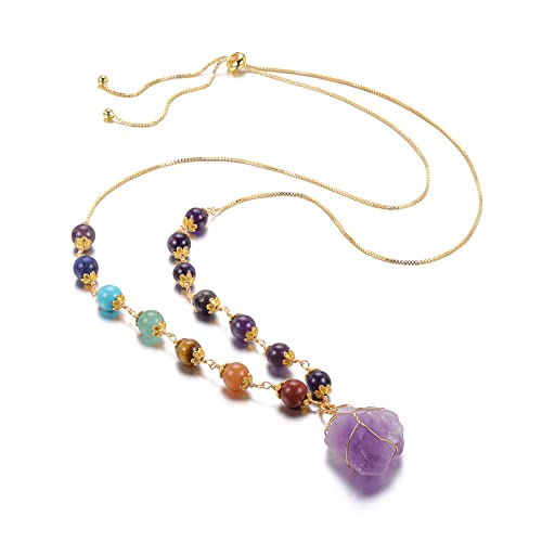 GEHECRST Rohstein Anhänger Halskette 7 Chakra Kette Wire Wrap Kristall Rohstein Anhänger mit Kette Heilung Edelstein Kettenanhänger Liebe Schmuck Herzförmige Amulett (Amethyst) von GEHECRST