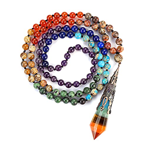 GEHECRST Schmuck 108 Perlen Mala Kette 7 Chakra Kette mit Hexagon Spitze Anhänger Chakra Steine Kette Wickelarmband Gebetskette Healing Reiki Yoga Kette Halskette von GEHECRST