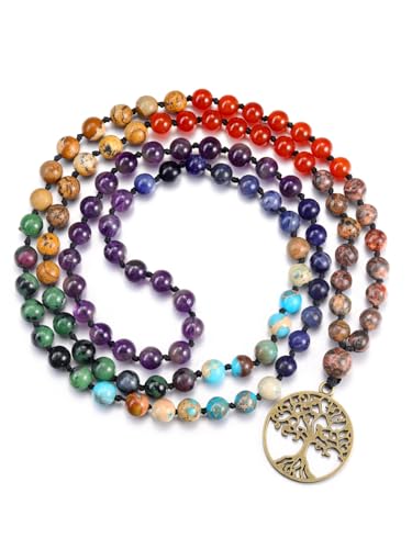 GEHECRST Schmuck 108 Perlen Mala Kette 7 Chakra Kette mit Lebensbaum Anhänger Chakra Steine Kette Wickelarmband Gebetskette Buddhismus Healing Reiki Yoga Schmuck Spirituelle Geschenke von GEHECRST