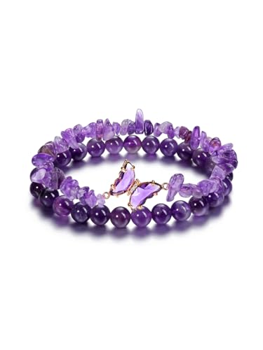 GEHECRST Schmuck 2 Stück Wickelarmband Schmetterling Armbänder Set Mehrschichtiges Armbänder Freundschaftsarmband Healing Reiki Energietherapie Glückbringen Elastische Armbänder (Amethyst) von GEHECRST