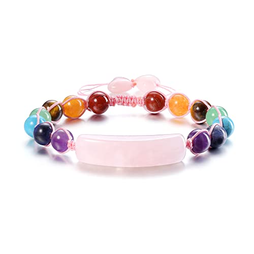 GEHECRST Schmuck 7 Chakra Armband Mit Herz Anhänger - Glücksarmband Steine, Yoga, Rosenquarz Geflochten Einstellbar - Healing Reiki Energietherapie Glückbringen von GEHECRST