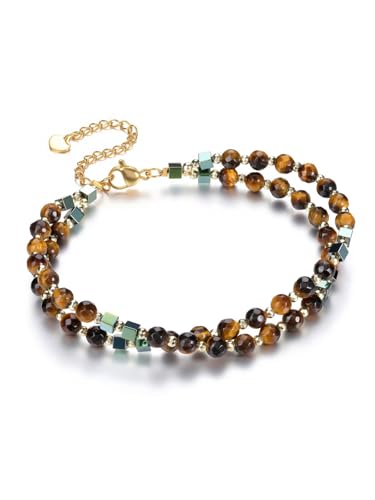 GEHECRST Tigerauge Armband Doppel Wickelarmband Heilsteine Armband Edelstein Perlenarmband Mehrschichtiges Armbänder einstellbare Armbänder Glücksarmband Healing Reiki Glückbringen Talisman von GEHECRST