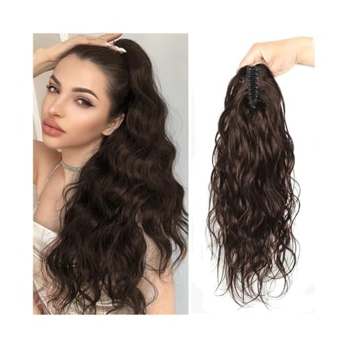 Frauen Krallenzange Pferdeschwanz Haarverlängerungen brasilianisches Remy-Haar Körperwelle Pferdeschwanz-Extensions # 2 Wellen dunkelbraun lockige Haarspange Pferdeschwanz Haarteil von GEK208130