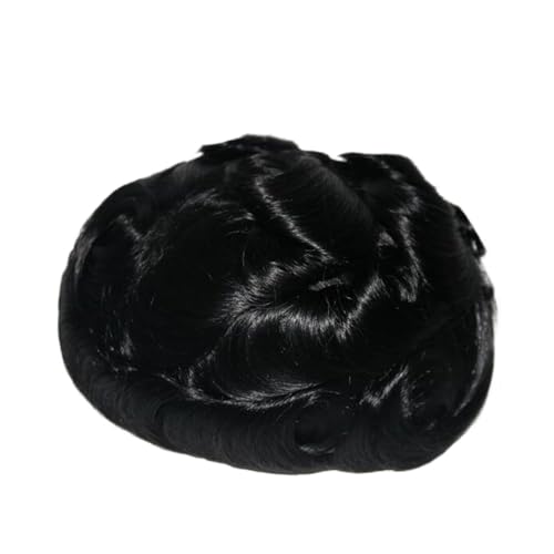 Herrenhaar 15MM Lockiges Atmungsaktives Ersatzkapillar-Toupet for Männer Schweizer Spitze Mit PU-Rückseite Syntems Prothese Haarteil Schwarz Alltagsperücken(1#) von GEK208130