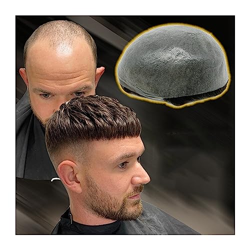 Herrenhaar Herren-Kapillarprothese, 0,08 mm, dünne Haut, PU-Basis, Herren-Toupet, doppelt geknotet, 20,3 x 25,4 cm, Echthaar-Haarteil, 15,2 cm, mitteldichte Perücken-Ersatzsysteme Alltagsperücken(130% von GEK208130