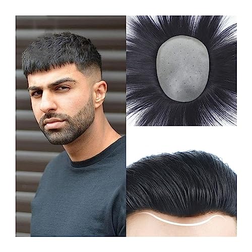 Herrenhaar Toupet for Männer, dünne Haut, V-förmige PU-Basis, Haarteile for Männer, glattes Echthaar, Herren-Toupet, natürliches schwarzes Haarersatzsystem Alltagsperücken(14x22cm) von GEK208130